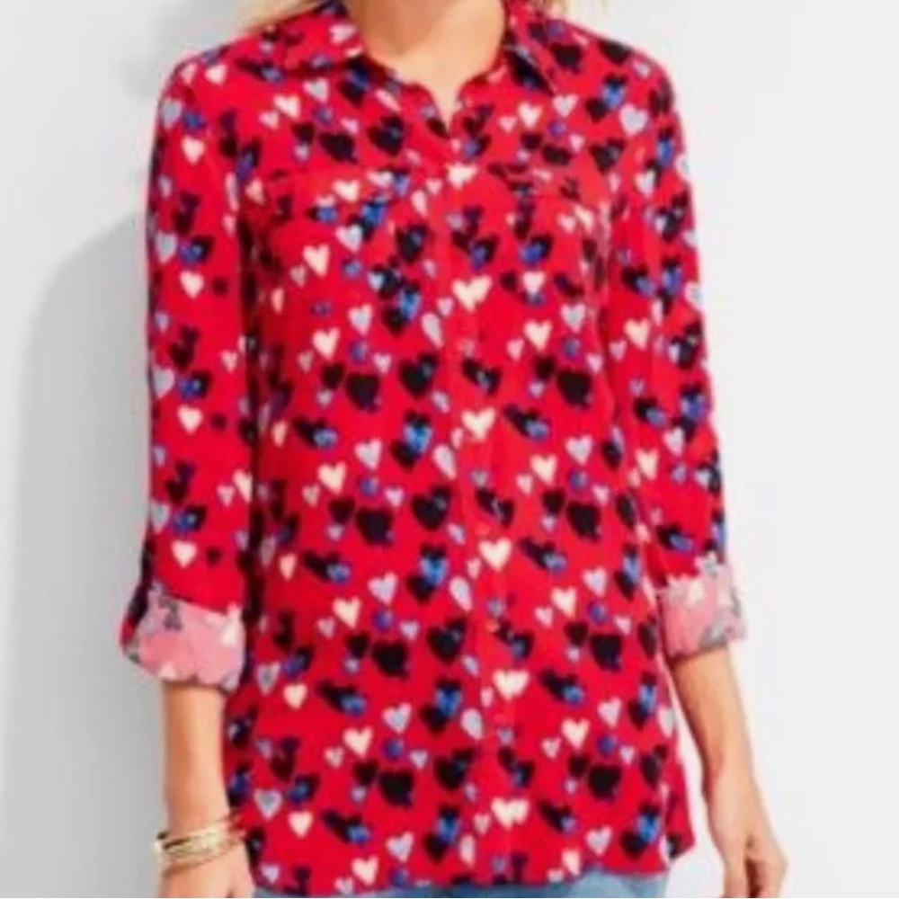 Talbots Red Long Sleeve‎ Button Up Shirt Blouse Blue White Black Hearts Size S